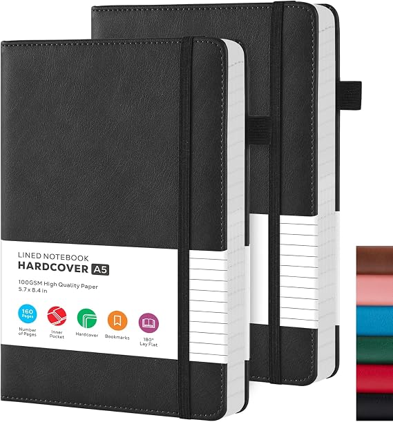 FOCUS DAY A5 Notebook Journal, 2 Pack Black Lined Notebook Hardback, 100GSM Thick Paper, No Bleed, A5 Leather Notepads for Men/Women Work, Office School Supplies, 14.5 x 21.3 cm