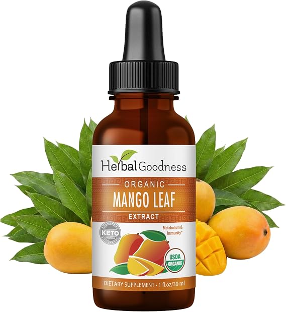 Herbal Goodness Organic Mango Leaf Extract Liquid, African, 1 fl oz | Metabolism & Immune Support Drops, African Mango Leaves Supplement, Digestion, Non-GMO, Vegan
