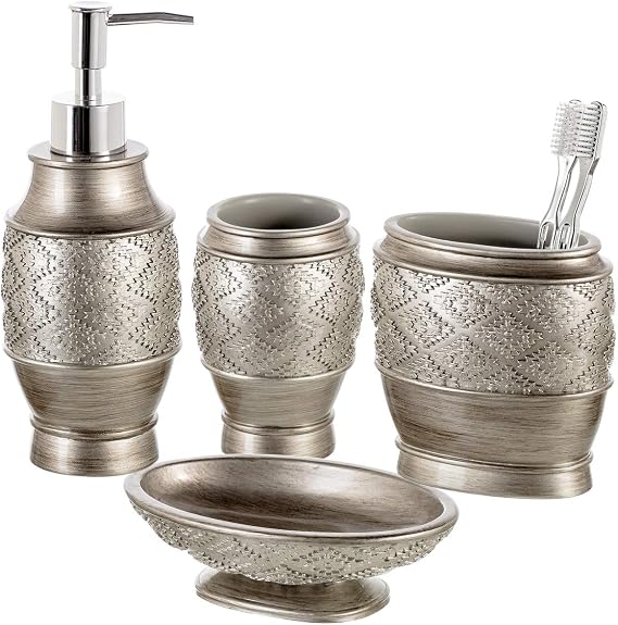 Creative Scents Dublin Silver Bathroom Accessory Set - Brushed Silver Bathroom Sets Accessories - 4 Piece Bathroom Set Includes: Soap Dispenser, Toothbrush Holder, Soap Dish and Tumbler