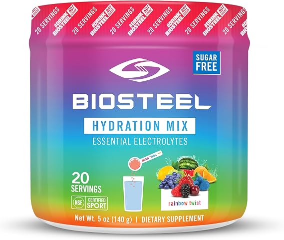 BioSteel Zero Sugar Hydration Mix, Great Tasting Hydration with 5 Essential Electrolytes, Rainbow Twist Flavor, 20 Servings per Tub