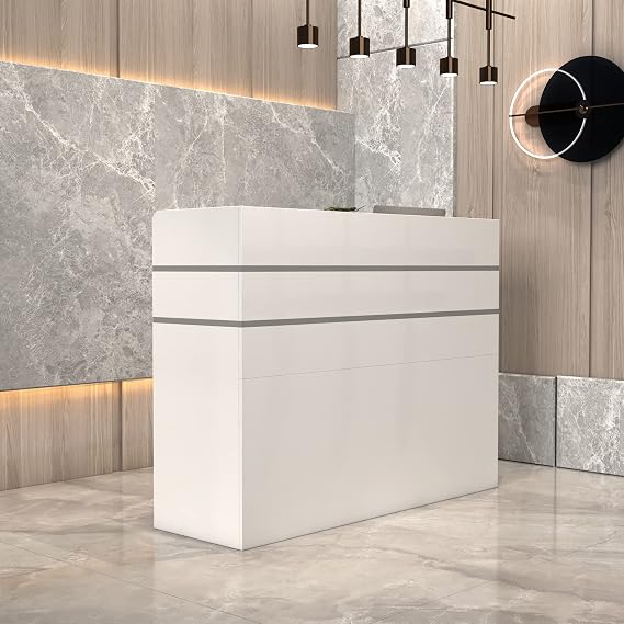 White Reception Desk, Modern Checkout Front Desk Reception Counter with Lockable Drawer, Open Shelf and 1-Cupboard, Reception Station for Salon/Store/hotel/office, 120L X 48D X 110H cm