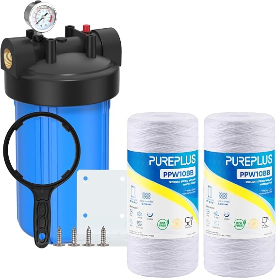 PUREPLUS Whole House Water Filter, with 10"x4.5" Blue Housing & 2 String Wound Sediment Filter for Well Water, Reduces Sand, Rust, Sediment - Compatible with 84637, WPX5BB97P, PC10, 355214-45