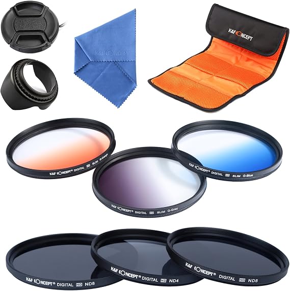 67mm filter set K&F Concept 67mm Professional Lens Filters Neutral Density Filters (ND2 ND4 ND8) Graduated Color Filter (Blue Orange Gray) For Nikon Canon Cameras Lens hood Cleaning Cloth filter Pouch