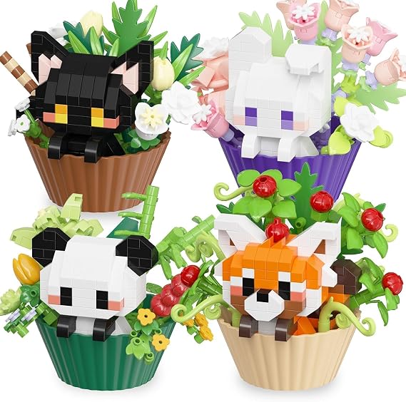 4 in 1 Animals With Flowers Cupcake Micro Building Blocks Set, Cat, Panda