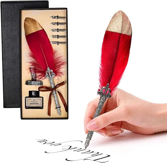 Vintage Feather Quill Pen with Ink -Calligraphy Pen Set 5pcs Metal Nibs 1 Sliver Handmade Pen Holder Birthday Holiday Thanksgiving Gift Set (Wine red)
