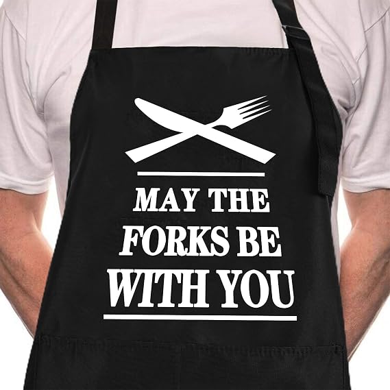 Rosoz Funny BBQ Black Chef Aprons for Men Adjustable Kitchen Cooking Aprons | May the Forks be with You ,with 2 Pocket Waterproof Oil Proof Fathers Day/Birthday