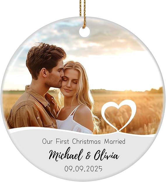 First Christmas Married Ornament, Photo Name Christmas Ornament