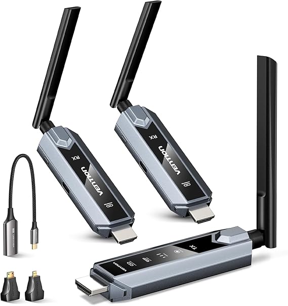 VENTION Wireless HDMI Transmitter and Receiver 656FT with LED Screen, Up to 6 RXs, Heat-Control, Plug & Play Wireless HDMI Extender Kit 4K Decode to Monitor from PC/Projector/TV Box(1TX+2RX)