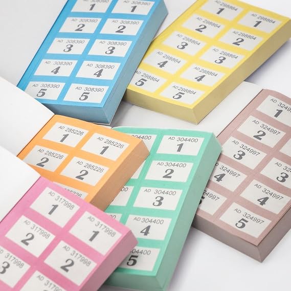 evelay Raffle Ticket | 6 Books of 1-500 | Easy to tear | Perforated - Mixed Colours - Cloakroom Raffle Tombola Draw Tickets Numbered