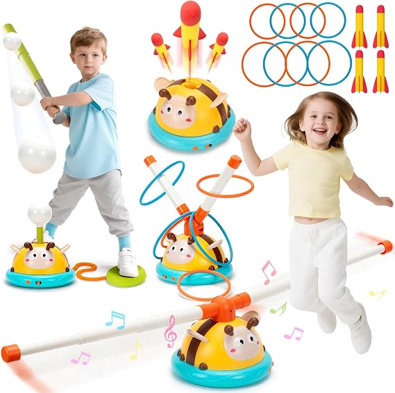 4 in 1 Rocket Launcher, Musical Jump, Ring Toss & Baseball Toy for Kids 4-8