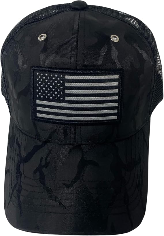 New! Camo Patriotic Trucker Hat with Black and Gray American Flag