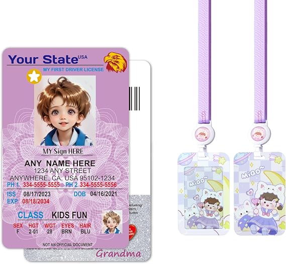 Personalized Kid Driver License Custom Child ID Card with Holder Printed Emergency Contact Information-Fake ID Card, NOT Official Use(Light Purple)