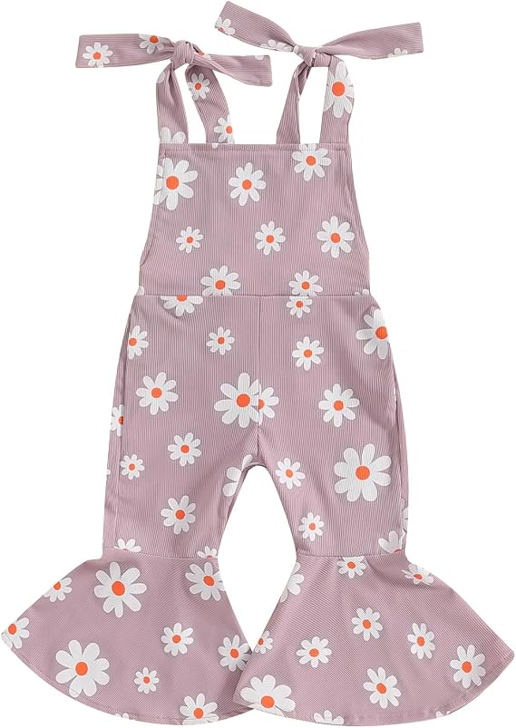 Toddler Daisy Outfit Baby Girl Bell Bottom Romper Floral Print Flare Pants Daisy Jumpsuit Kids Fall Winter Clothes(04 Purple,18-24 Months)