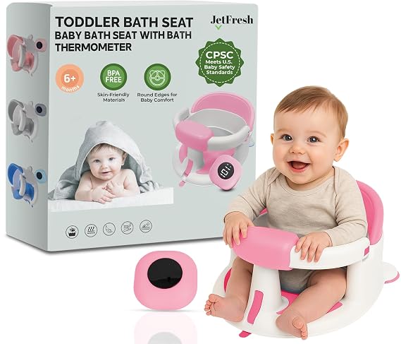 Baby Bath Seat for Babies 6 Months & Up with Floating Temperature Device as Gift, Bath Seats for Babies Sitting Up Non Slip Design + Strong Suction Cups, Toddler & Infant Shower Seats, Baby Tub Seat