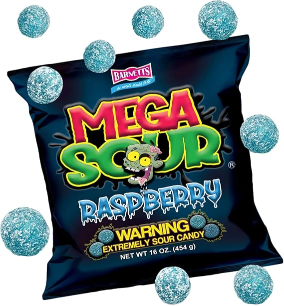 Barnetts - Mega Sour Candy Raspberry 454g - Trendy Sweet Bags - Traditionally Handmade Sweets - Sour Coating Lasts 20 Seconds - Candies for Party Bag, Gift Hamper, or Hamper Box
