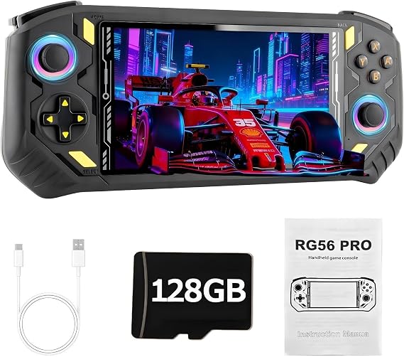 RG56PRO Retro Handheld Game Console - 5.5 Inch IPS Screen,31000+ Classic 3D Games,5000mAh Battery, Open Linux System,Portable Console with 128G TF Card - Birthday Gift for Boyfriend (Black)