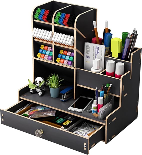 Hggzeg Wooden Desk Organiser DIY Desktop Tidy Pen Holder Large Capacity Stationery Storage Box with Drawer for Home, Office and School (B17 Black)