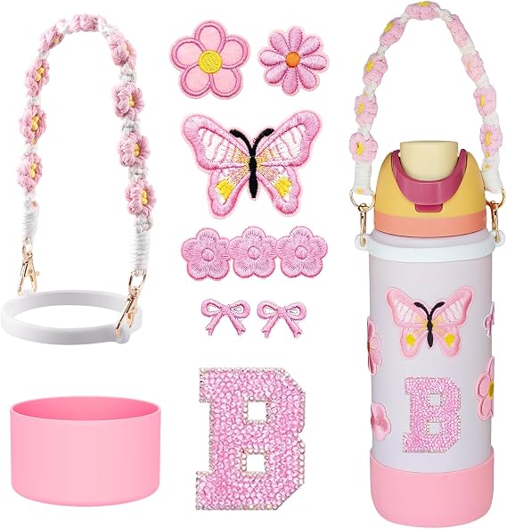 12pcs Letter Water Bottle Accessories Set for Owala FreeSip 32 oz Handle Strap, Initial Charm,Flower Sticker,3.35in Silicone Boot for Owala Accessories