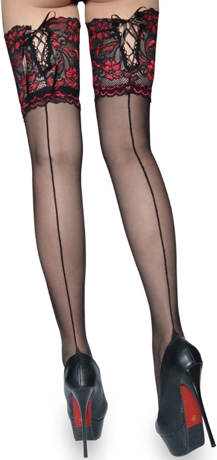 Women Cuban Heel Thigh High Stockings with Back Seam Sexy Lace Top Pantyhose Tall Stay-Up RedBlack