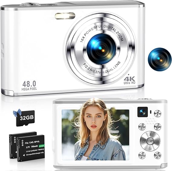 4K Digital Camera 48MP Autofocus Cameras for Photography Compact Camera with Dual Front and Rear Camera, Point and Shoot Cameras with16X Digital Zoom, 32GB TF Card & 2 Batteries-White