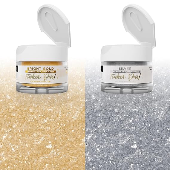 Prime New Years Bundle - Bakell Bundle - Bright Gold and Silver Tinker Dust (5g 2x Jars) Edible Glitter Dust for Cake Decorating, Cookies, Desserts and Beverages!