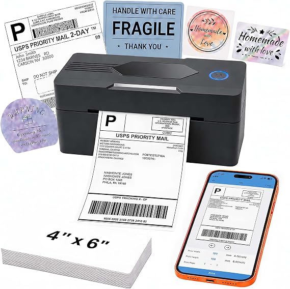Bluetooth Thermal Shipping Label Printer, 4x6, Black