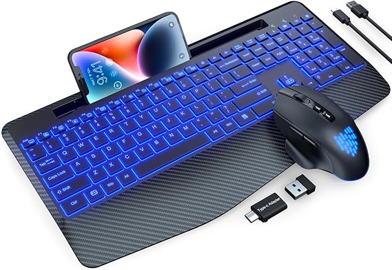 SABLUTE Wireless Keyboard and Mouse Combo, Backlit Scissor Keys, Wrist Rest