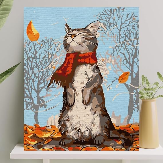 Palmiye Hobi Sanat Sayılarla Boyama Tuval Seti Fırça Boya Dahil (Çıtalı) 40x50 CM - Kedi ve Sonbahar