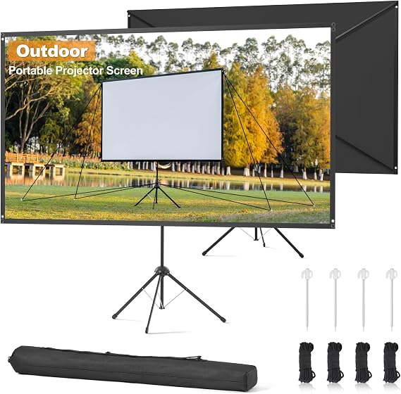 Outdoor Projector Screen and Stand, 100 Inch 16:9, Portable Projector Screen, Wind-resistant Design for Projection Screen Outdoor, With Ropes and Spikes, High Gain, 4K Image for Home Theater, Camping.