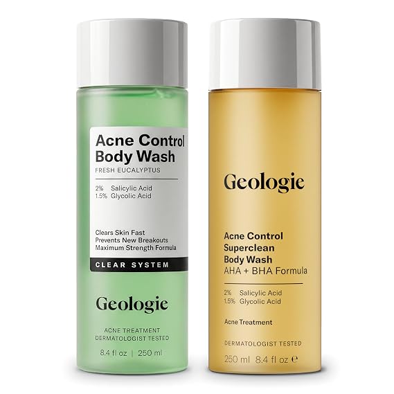 Geologie Acne Control Body Wash Bundle, Salicylic Acid and Glycolic Acid, Eucalyptus Scent and Unscented, Vegan, 2 Items