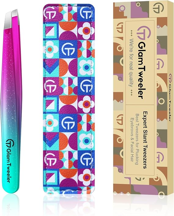 Expert Slant Tip Tweezers with Leather Case, GlamTweeler Sharp & Precision Stainless Steel Tweezer for Eyebrows, Facial Hair and Fine Hairs Removal (Sparkle Purple & Turquoise)