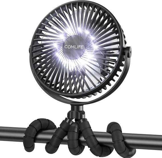 COMLIFE Baby Stroller Fan, 10000mAh Rechargeable, 50H Ultra-long Runtime, 3-Speed Portable Clip on Fan with LED Light, Timer, 360Rotate Battery Operated Fans for Travel Car Seat Crib