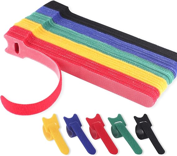 Reusable Cable Ties 100 Pack - Adjustable Hook and Loop Cable Tidy Straps for PC, TV, Wire Organiser, Desk Cable Management - Multicoloured, 150mm