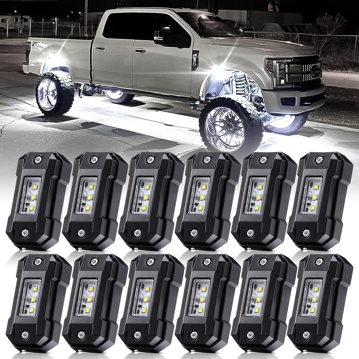 R4 White LED Rock Lights 12PCS for Trucks Off Road RZR Boat Car SUV ATV UTV Super Bright Under Glow Pure White Lights Trail TRAI Rig Lights High Power Waterproof Shockproof12 Pods