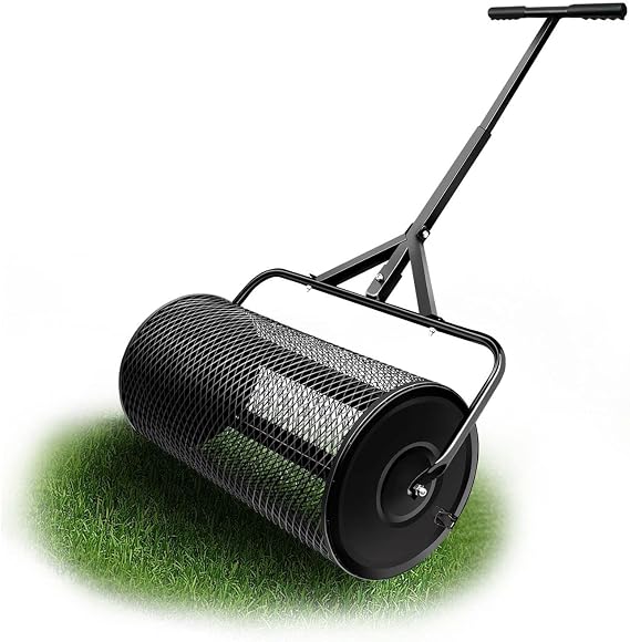Compost Spreader - 24" Durable Peat Moss Spreader, Lightweight Manure Roller with T Shaped Handle, Top Soil Spreader for Lawn and Garden, Walk Push Basket