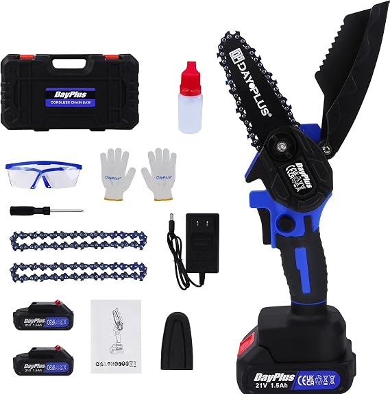ZanGe Cordless Chainsaw with 2 Rechargeable Li-ion Batteries and 2 Chains, 4" Electric Portable Chainsaw Mini Tree Saw for Gardening, Agriculture, One-Handed Handheld Lightweight Chainsaw