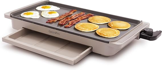 GreenPan Advanced 10.5x 20 Electric Griddle with Warming Drawer, Ceramic Nonstick PFAS-Free Coating, Temperature Control, Easy and Versatile Countertop Meals, Dishwasher Safe, Clay