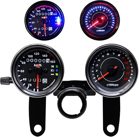Motorcycle Gauge Combo 13000 RPM Tachometer 0-160km/h Speedometer Odometer with Backlit LED Stainless Steel Mounting Brackets Kit for Yamaha Suzuki Honda Kawasaki