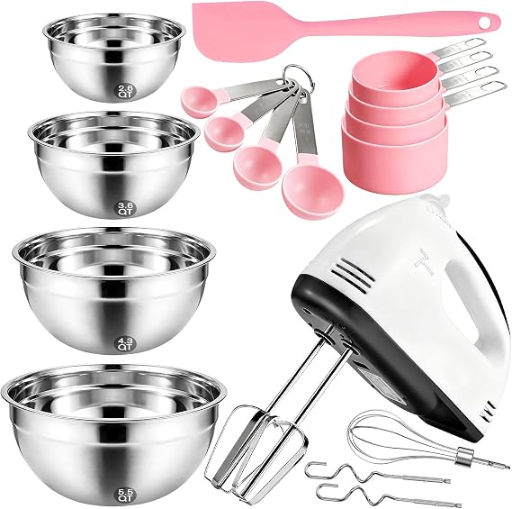 Showvigor Electric Hand Mixer with Stainless Steel Mixing Bowl Set 7 Speeds Turbo-Boost Hand Mixer with Large Mixing Bowls, Measuring Cups, Spoons & Spatula for Kitchen Cakes Eggs Baking(Pink)