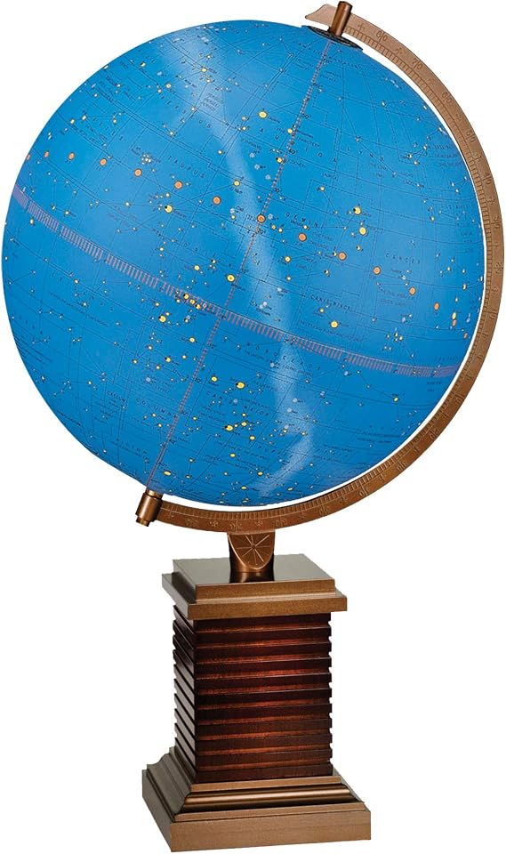 Frank Lloyd Wright Illuminated Celestial Glencoe 12" Diameter Globe, USA Cartography with Solid Woodl and Metal Base. In 1911, Wright created designs for Booth Park in Glencoe, Illinois. The design of the Glencoe Constellation Globe stand is adapted from a large brick pedestal designed for the park. The stand combines walnut color stained hardwood with die-cast top and bottom plates. This illuminated globe shows stars, constellations, and nebulae when not lit. Turn the light on and witness the luminous beauty of approximately 70 celestial images.