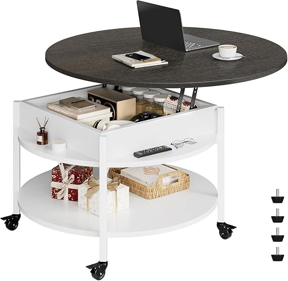 FABATO Small Round Lift Top Coffee Table with Wheels and Storage, White