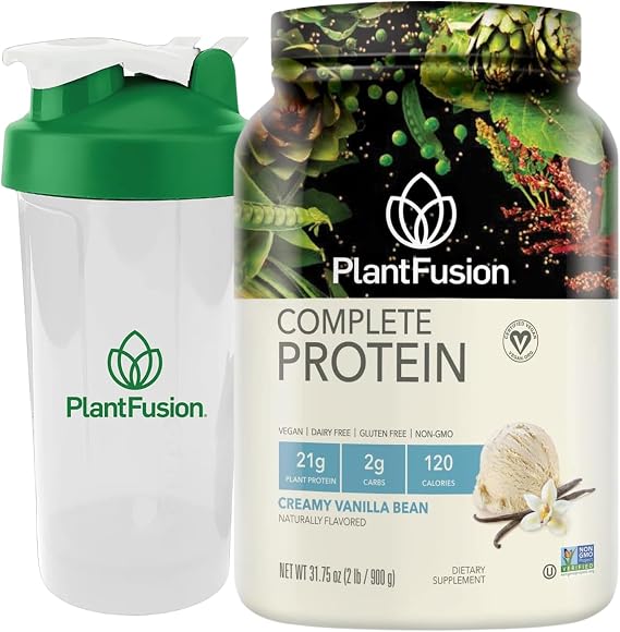 PlantFusion Vegan Protein Powder Vanilla Bean 2lb + 20oz BPA-Free Shaker Bottle Complete Plant-Based Protein with BCAAs, Enzymes Keto, Gluten-Free, Non-Dairy, Non-GMO