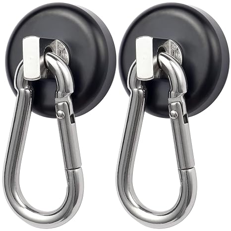 WELLZEER Magnetic Hooks 100lbs Black Magnet Hooks with Swiveling Carabiner for Hanging Refrigerator Strong Large Neodymium Magnet (100LBS-2PACK-BLACK)