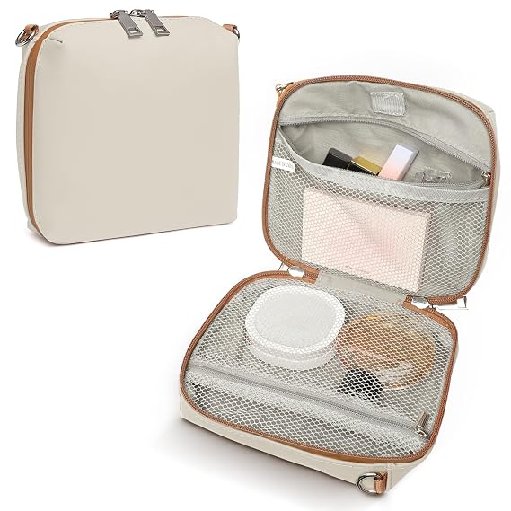 Joyway Travel Makeup Bag, Large Capacity Cosmetic Bags for Women, Waterproof Portable Pouch Open Flat Toiletry Bag Make up Organizer with Divider, Can be fitted with suspenders(White)