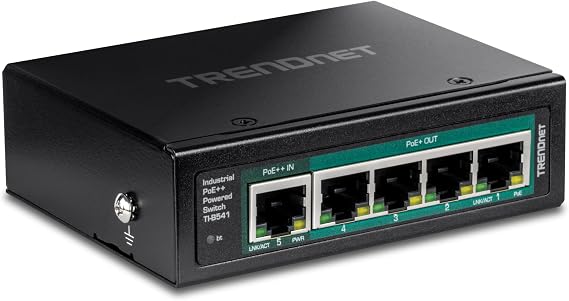 TRENDnet 5-Port Industrial Gigabit PoE++ Powered DIN-Rail Switch with PoE Pass-Through, TI-B541, Ethernet Splitter, 65W Power Budget, NDAA & TAA Compliant, Lifetime Protection, Black