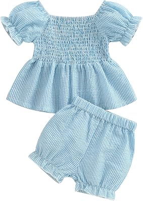 Toddler Baby Girls Seersucker Bubble Striped Ruched Ruffle Dress Top and Shorts Set Summer Outfit Clothes