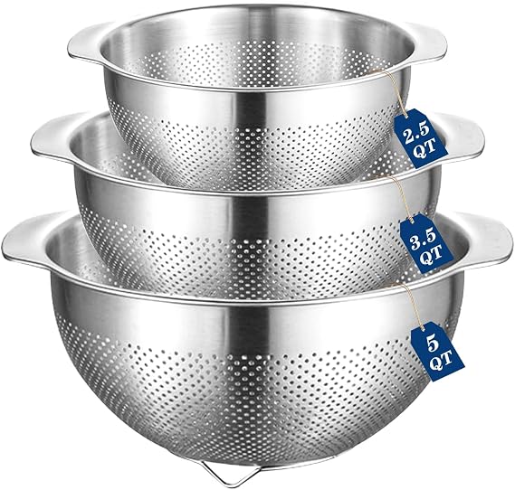 Colander Strainer,Stainless Steel Colander for Kitchen,3 Pcs Colanders and Strainers(23+25+27cm), Colander Sieve with Handle &Food Strainer for Washing Pasta, Veg, Fruit & Rice,Dishwasher Safe