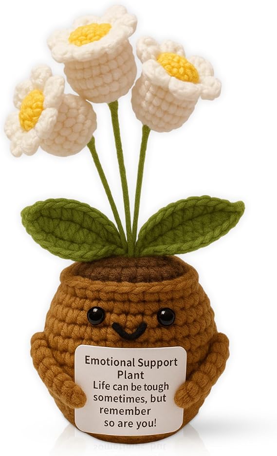 Emotional Support Crochet Flower Gift | Handmade Plush Plant with Positive Message | Unique Mini Decor for Desk, Friends, Teachers, 5 Styles (Resilience Bloom Buddy)