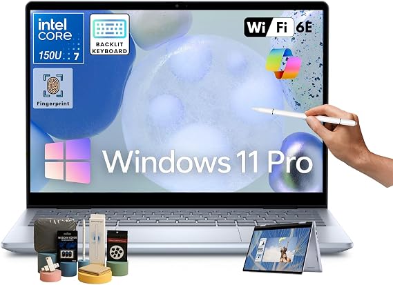 Dell Inspiron 14 inch 2-in-1 Business Laptop, FHD+ Touchscreen Display, Intel 10-Core 7 150U, Backlit KB, Fingerprint, Wi-Fi 6E, Win 11 Pro, Copilot, Accessories, FHD Webcam (16GB DDR5 + 512GB SSD)