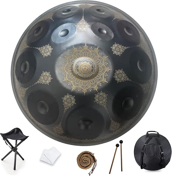 12 Notes 22 Inch Handpan, D-Minor 432 Hz Steel Drum Percussion Instrument, Mandala Musical Performance Handmade Healing Musical Instrument Gift Black